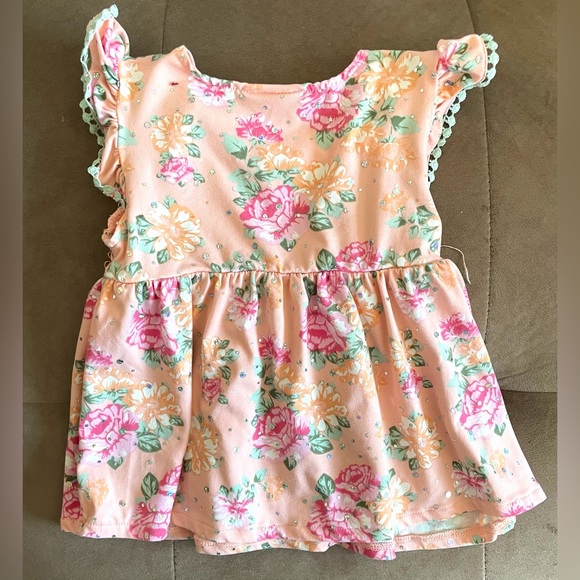 Girls Kids Toddler Childrens 5 pink peach floral blouse glittery frilly stretchy - Picture 5 of 5